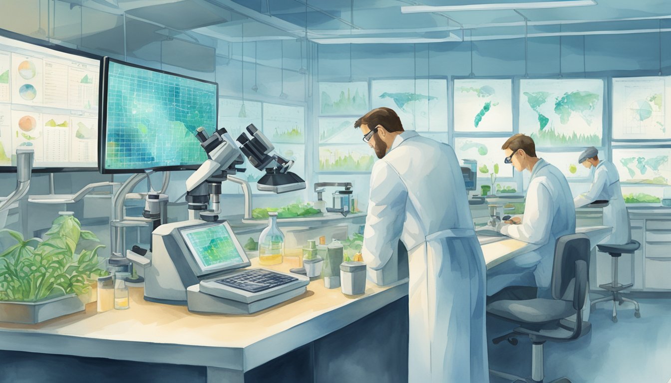 A laboratory setting with scientists examining genetically modified crops under a microscope, while data charts and graphs are displayed on computer screens