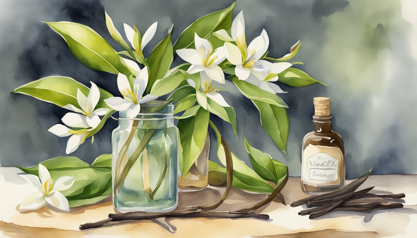 A vanilla plant with blooming flowers and green leaves, surrounded by vanilla pods and bottles of vanilla extract