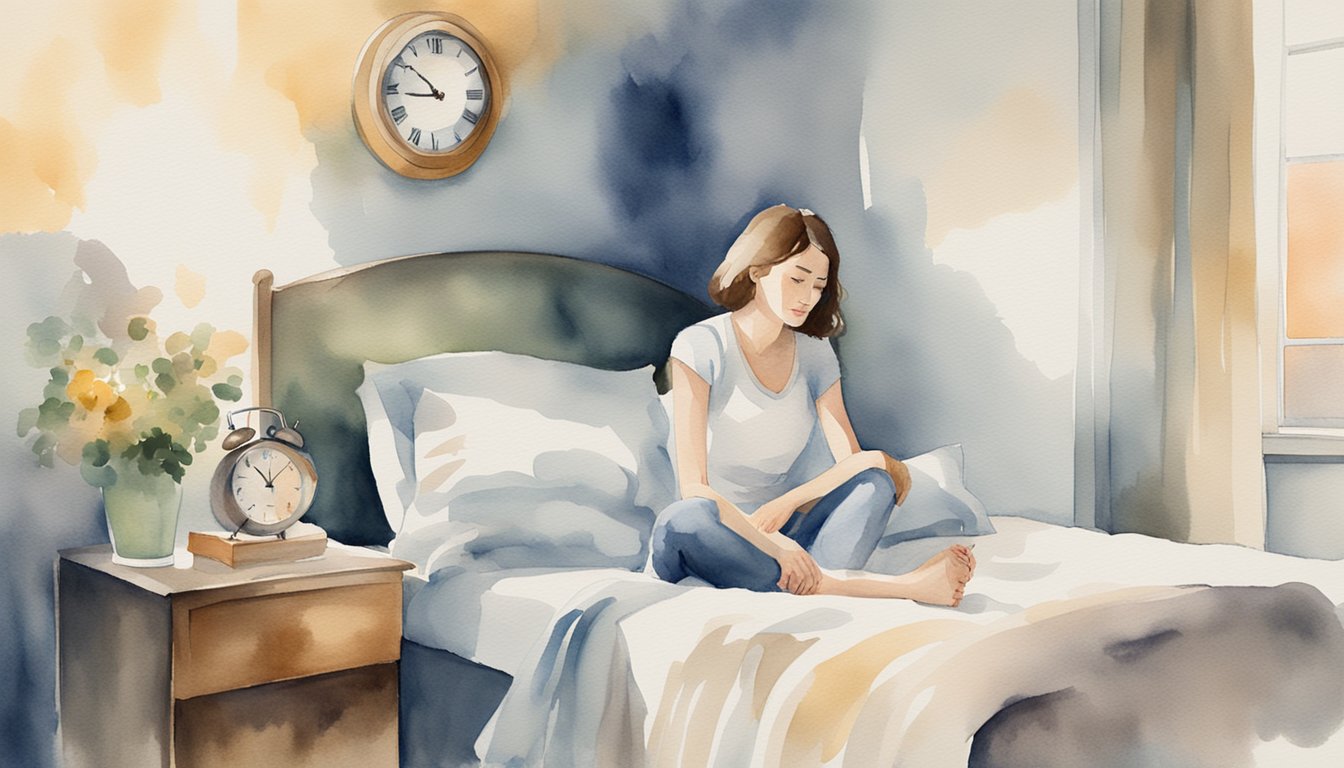 A woman sitting on a bed, holding her stomach with a pained expression, while a clock on the wall shows it's early morning