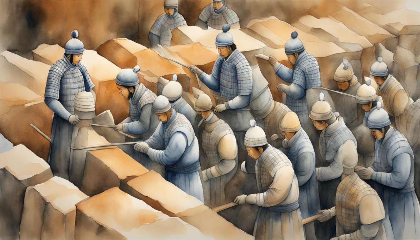 Archaeologists excavate and study the ancient terracotta army, carefully documenting and preserving each warrior and horse