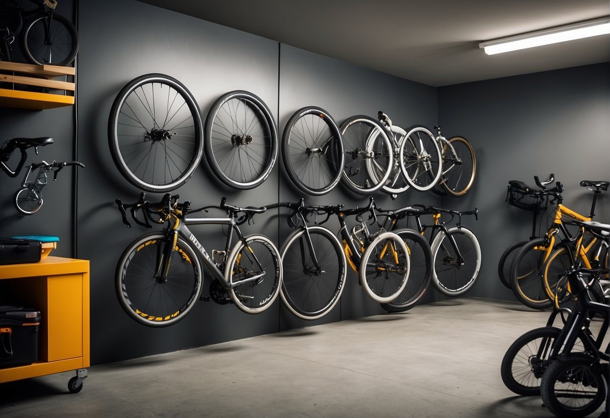 Bicycles neatly hung on wall-mounted hooks, with shelves for helmets and accessories, in a well-organized garage space