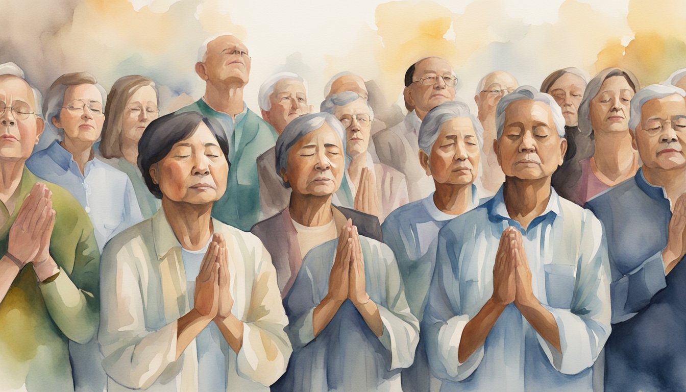 A group of people gathered in prayer, with hands raised and eyes closed.</p><p>The room is filled with an atmosphere of spiritual intensity and devotion