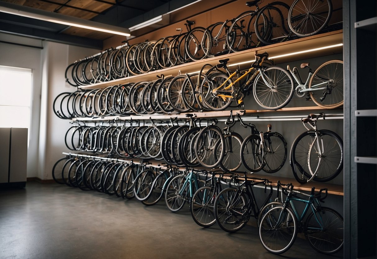 Bikes hung vertically on wall racks, with hooks for helmets and gear. Shelves for accessories and tools, maximizing floor space