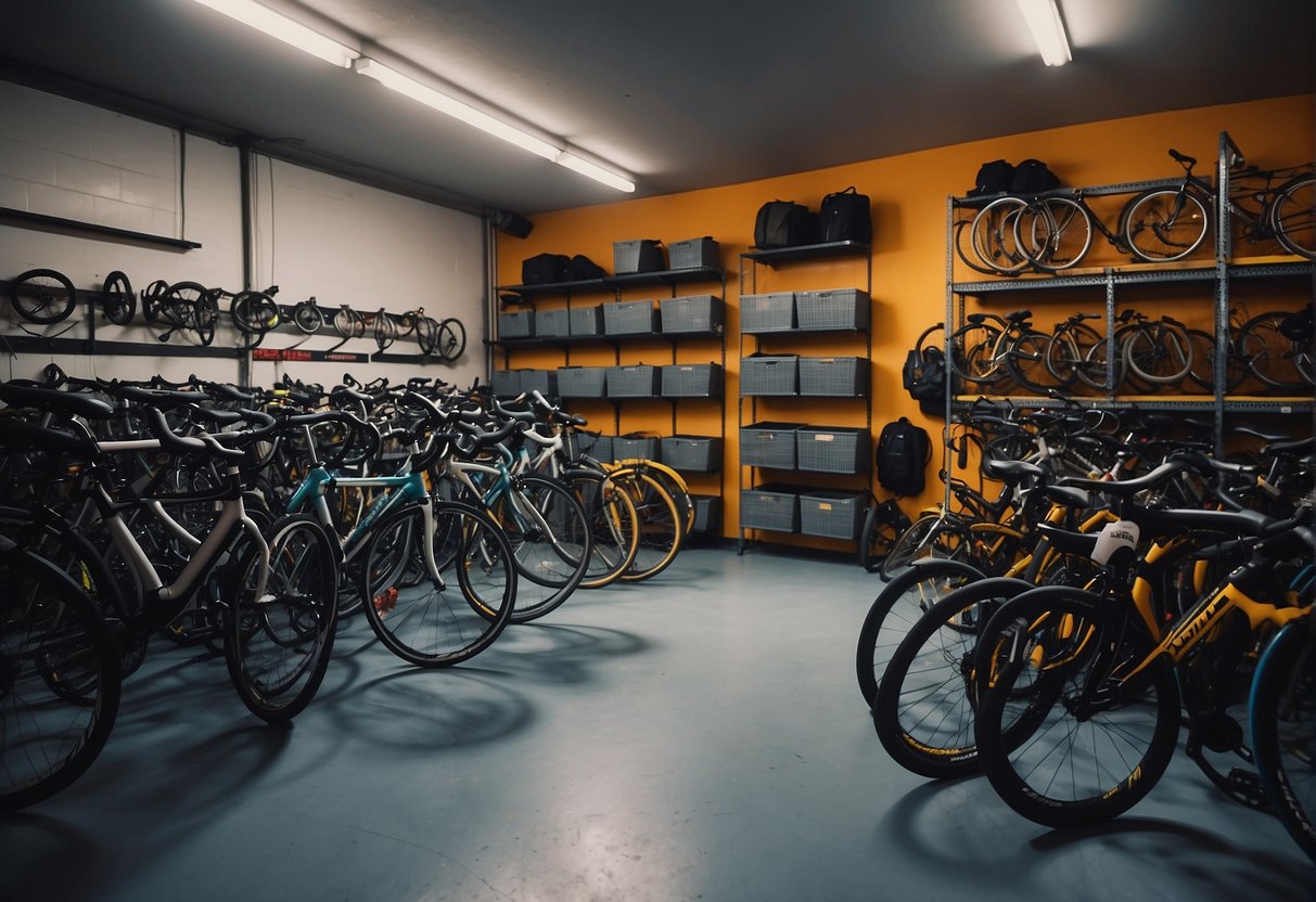 Bicycles neatly stored on wall-mounted racks in a well-lit garage with a sturdy lock and security camera. Floor space is clear and organized with labeled bins for helmets and accessories