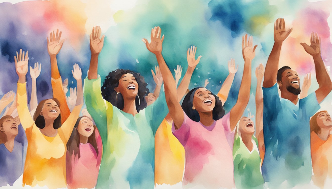 A diverse group of people worshiping in a vibrant, energetic atmosphere, with raised hands and joyful expressions, representing Pentecostalism worldwide