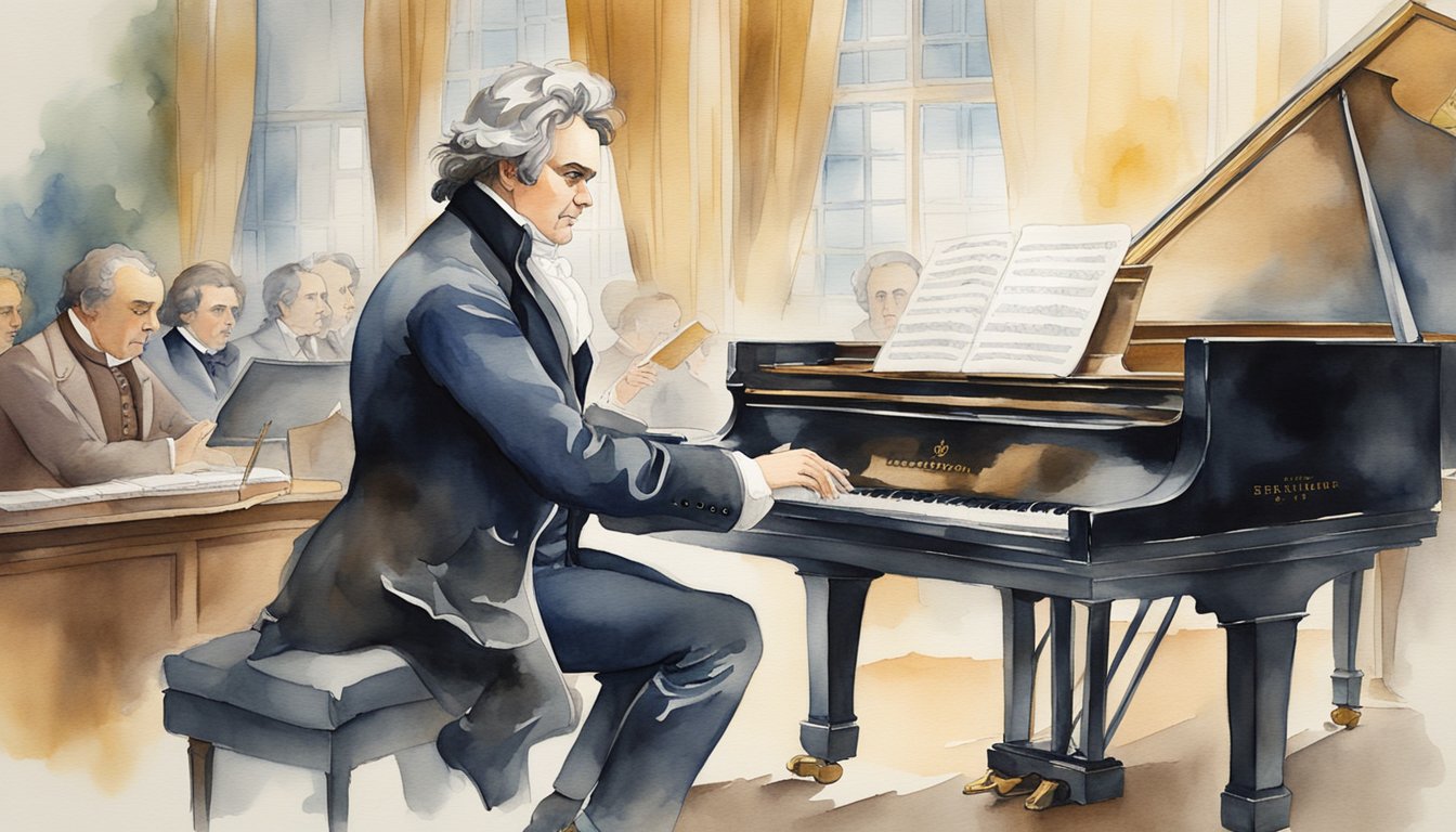 Beethoven's career highlights: composing symphonies, playing piano, conducting orchestras, and receiving accolades