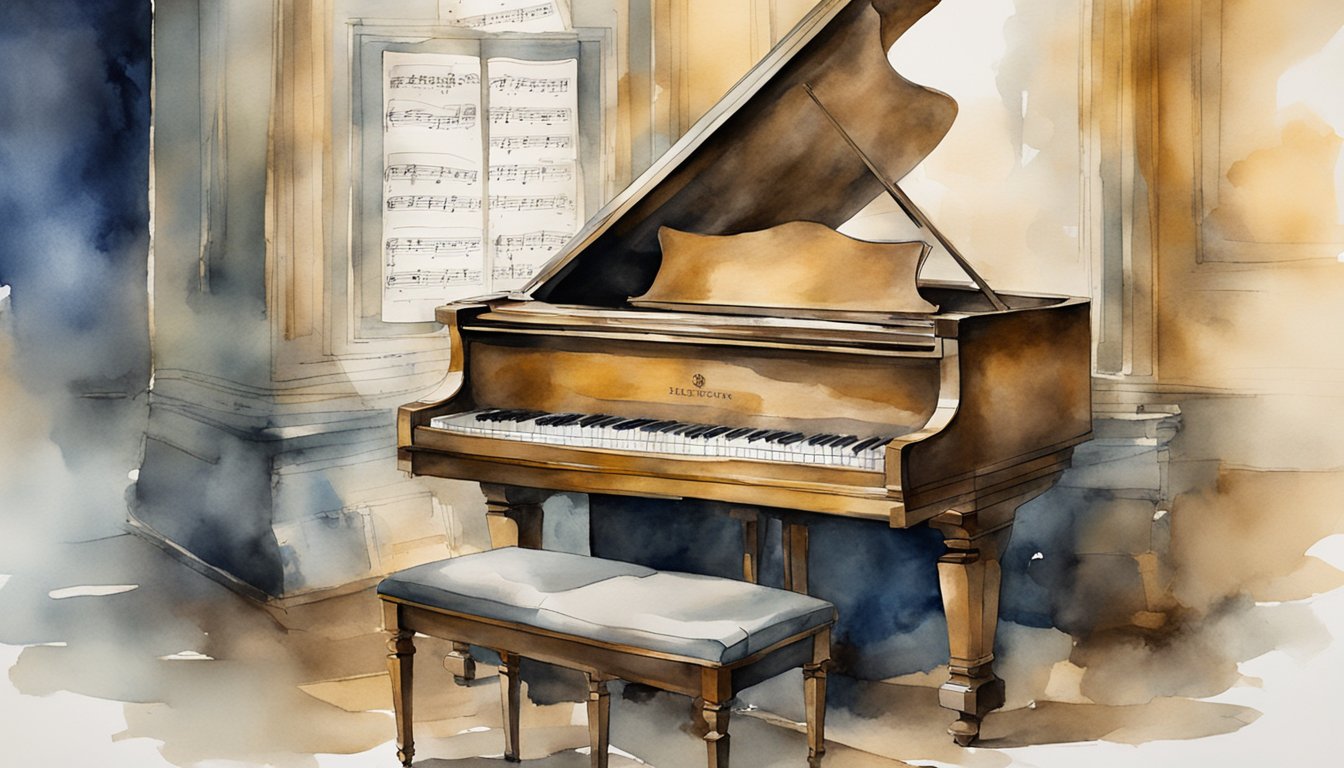 Beethoven's piano sits alone in a dimly lit room, surrounded by scattered sheet music and a worn-out metronome.</p><p>A sense of struggle and determination fills the air, as the composer's legacy is evident in the worn keys and faded music