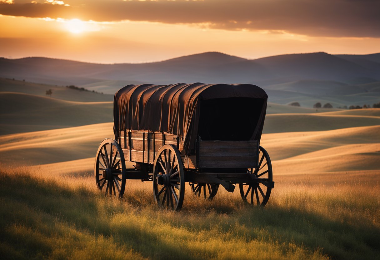 The sun sets behind the old covered wagon, silhouetted against the rolling hills. A campfire crackles nearby, as pioneers gather to share stories of their journey