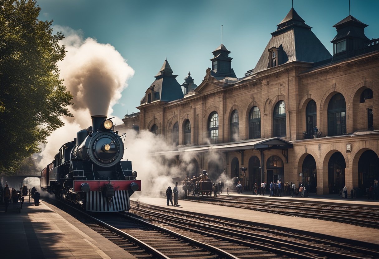The bustling train station with steam locomotives, horse-drawn carriages, and vintage automobiles. A grand clock tower overlooks the bustling activity