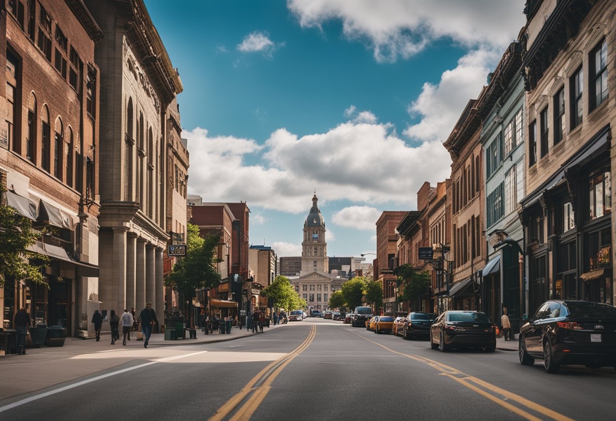 A bustling city street lined with historic buildings, a mix of architectural styles, and vibrant signage. Tourists and locals explore the area, taking in the rich history of Kansas City