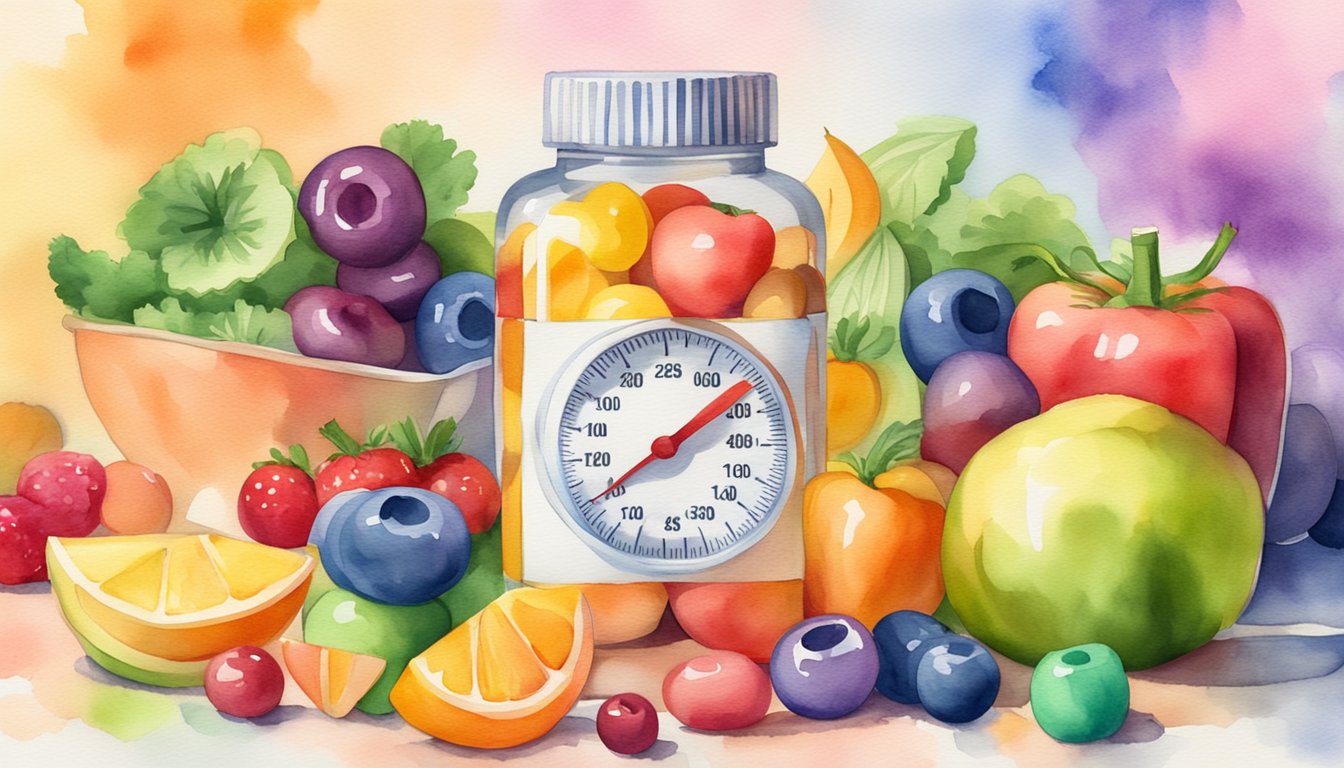A colorful bottle of weight loss gummies surrounded by measuring tape and a scale, with a backdrop of fresh fruits and vegetables