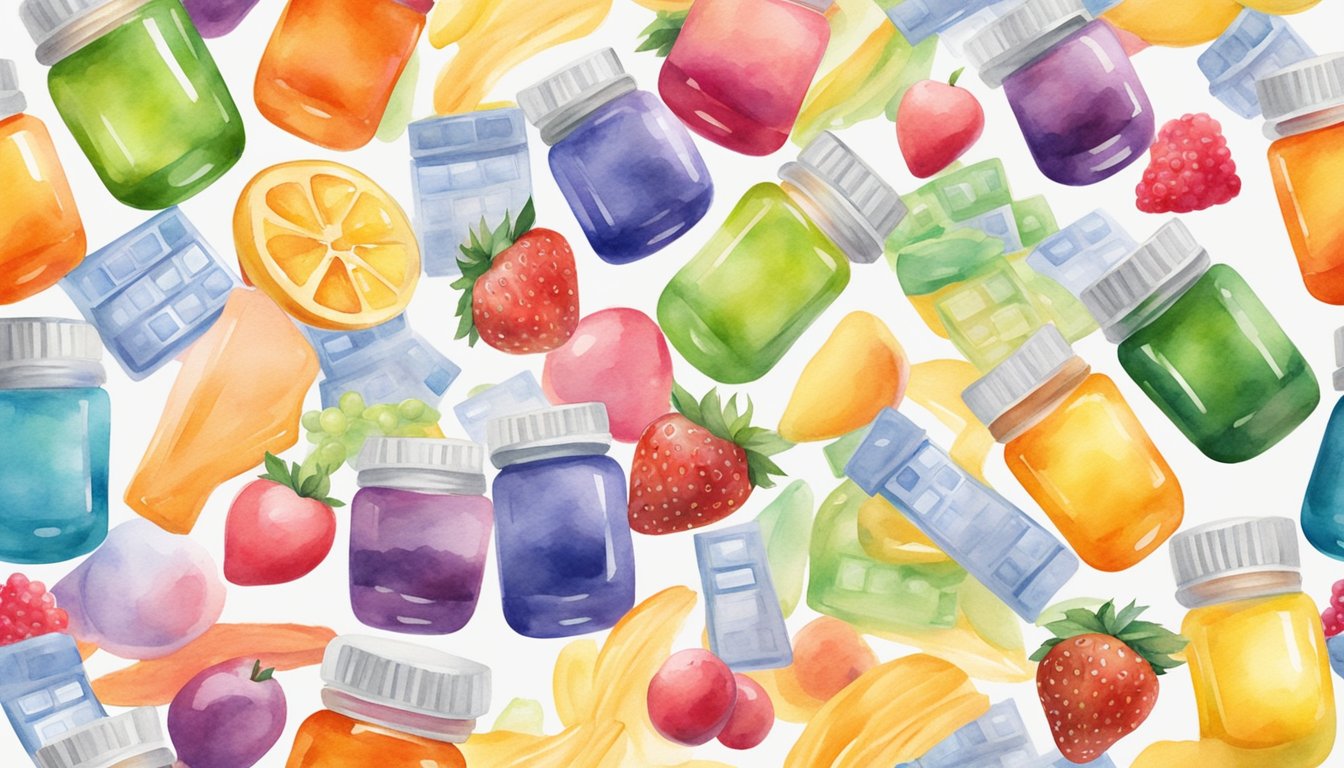 A colorful display of gummy supplements with labels promoting weight loss benefits, surrounded by images of healthy fruits and exercise equipment
