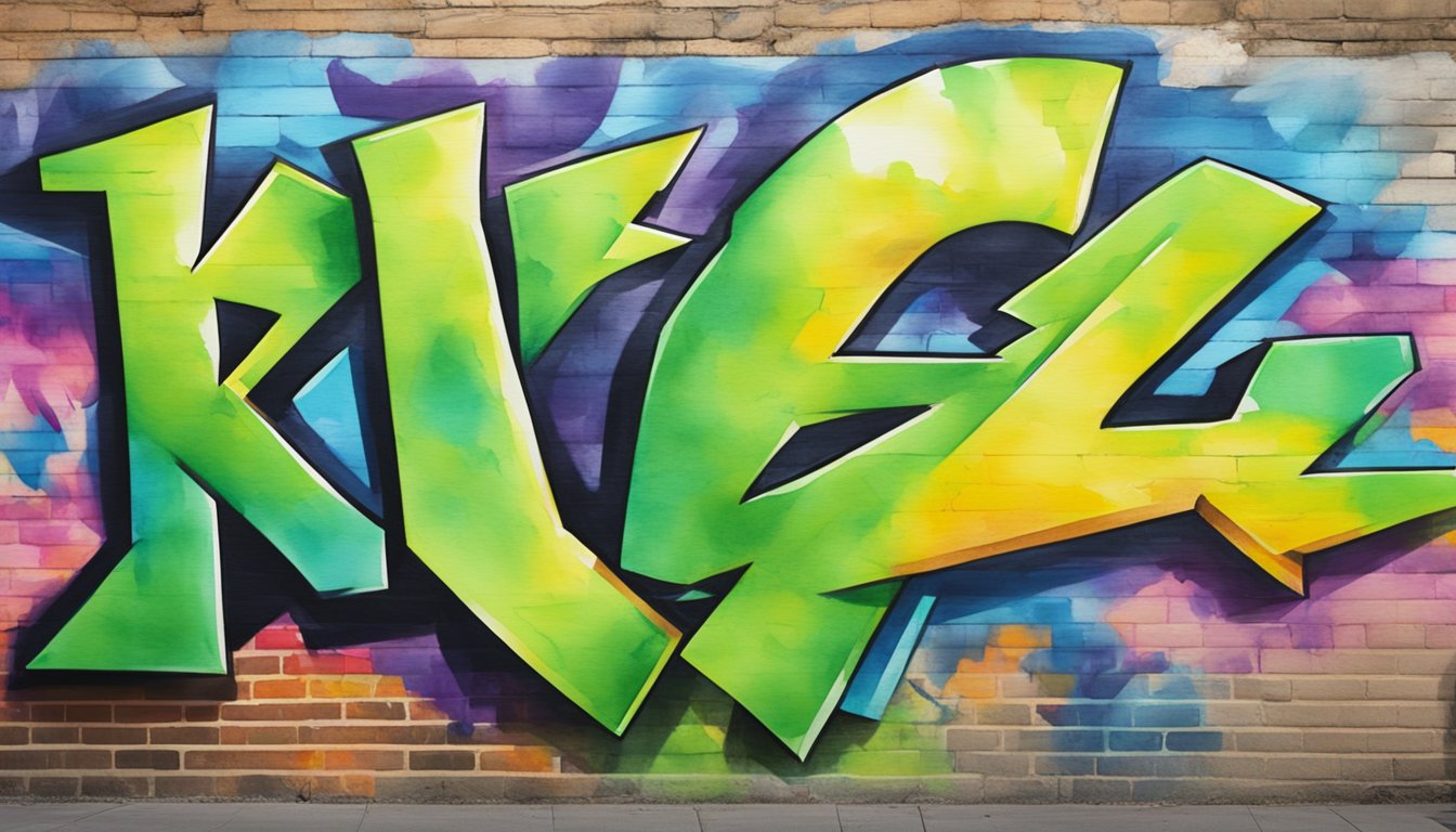 Rizz in Pop Culture: A bold, graffiti-style "Rizz" tag on a brick wall, surrounded by vibrant, urban street art