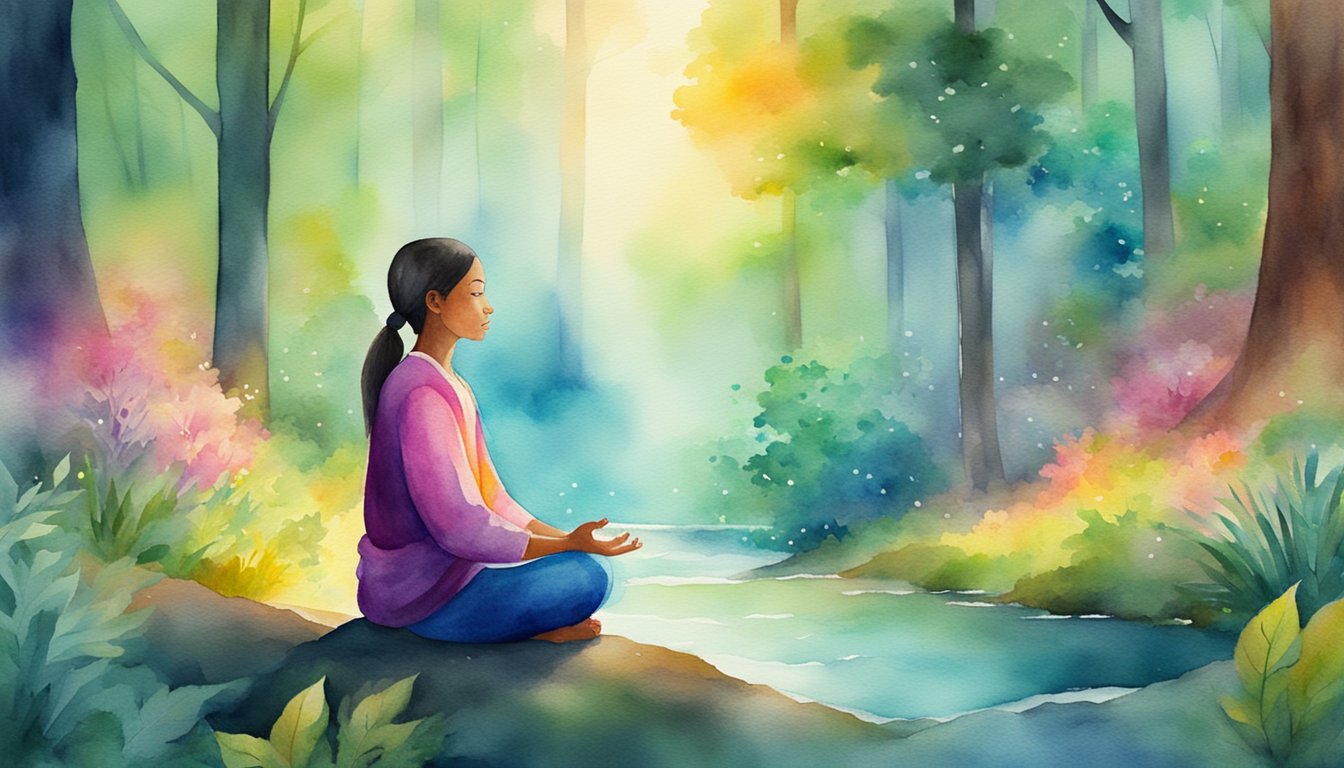 A person meditating in a tranquil forest, surrounded by vibrant colors and peaceful sounds of nature