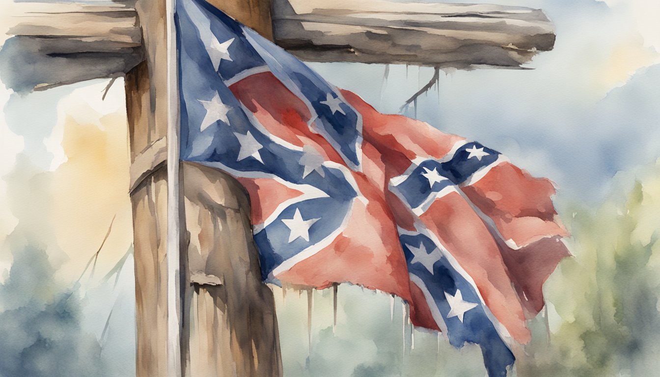 A tattered confederate flag hangs limply from a weathered pole, its colors faded and frayed, symbolizing division and controversy