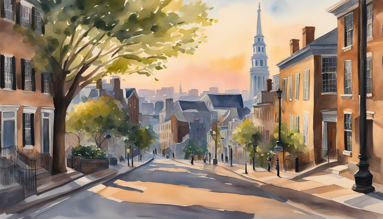 The sun sets behind Bunker Hill, casting long shadows over the historic buildings and cobblestone streets.</p><p>The hill overlooks the city, with its iconic monuments and bustling activity below