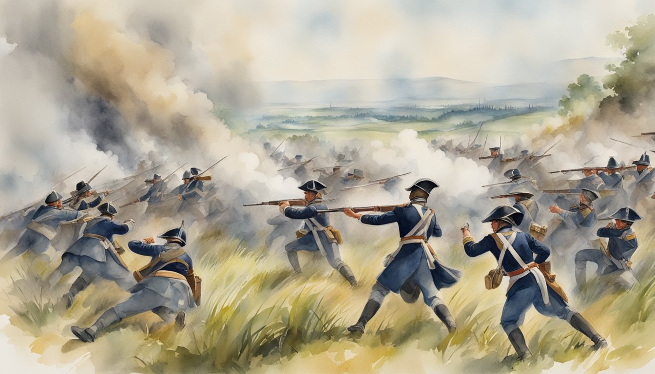 The soldiers charge up the grassy hill, firing their muskets and engaging in hand-to-hand combat.</p><p>Smoke and dust fill the air as the battle unfolds on Bunker Hill