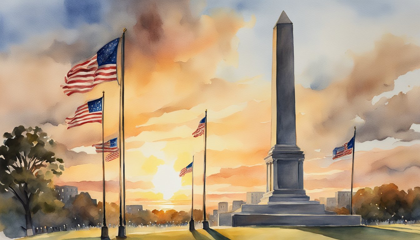 The sun sets behind the towering monument, casting a warm glow on the historic site of the Battle of Bunker Hill.</p><p>Flags flutter in the breeze, honoring the legacy and sacrifice of those who fought