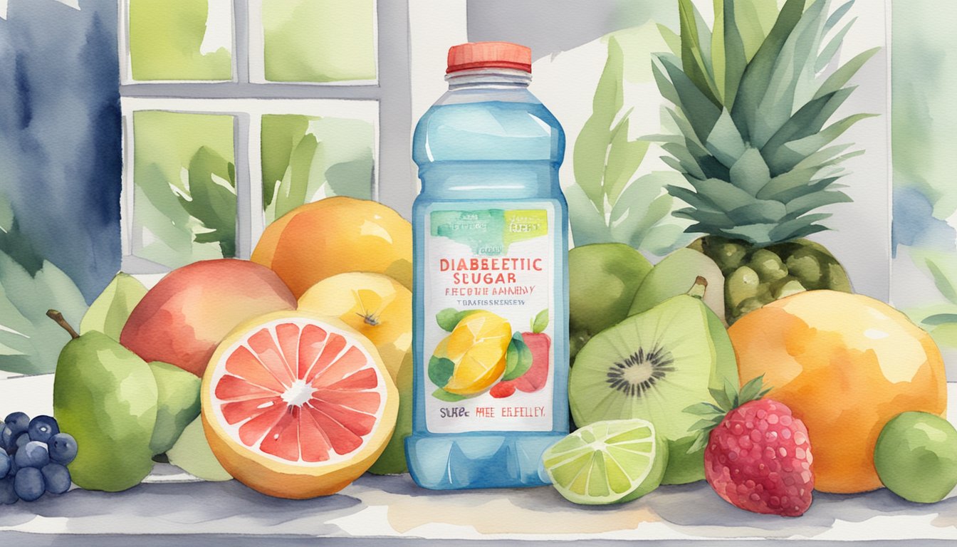 A bottle of sugar-free electrolyte drink sits on a table, surrounded by fresh fruits and a water bottle.</p><p>The label prominently displays "diabetic-friendly."