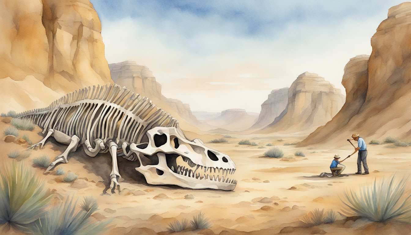 A paleontologist uncovers a fossilized dinosaur skeleton in a desert landscape