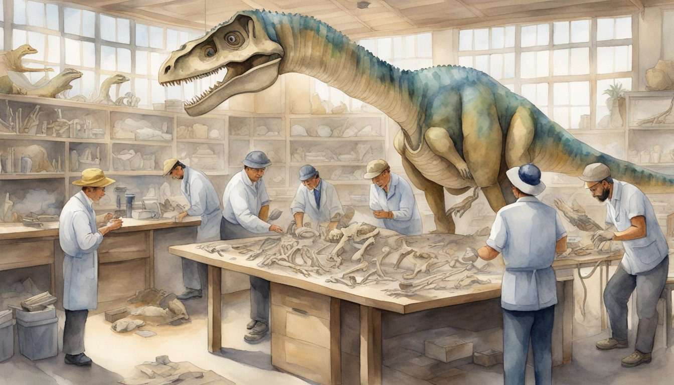 A paleontologist carefully uncovers fossilized bones of a newly discovered dinosaur, surrounded by scientific equipment and excited colleagues