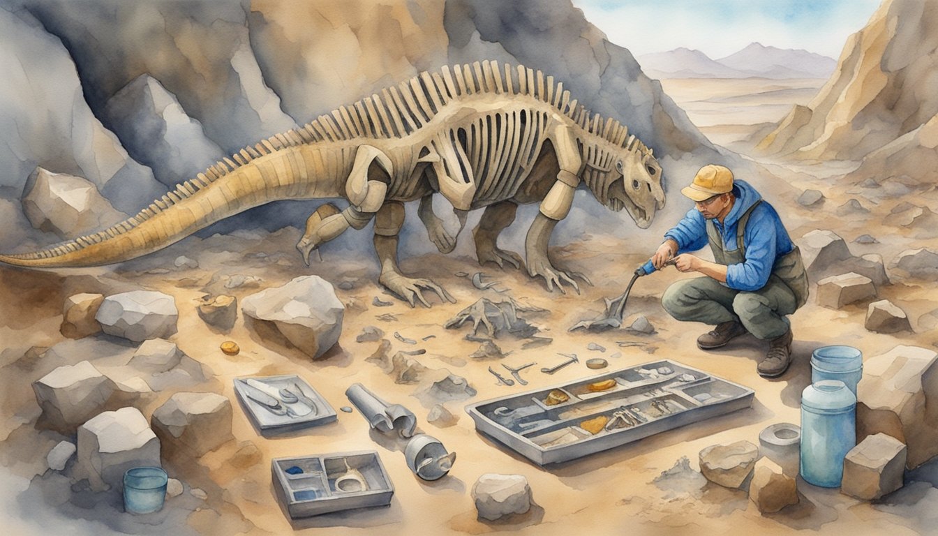 A paleontologist carefully uncovers the fossilized bones of a recently discovered dinosaur, surrounded by tools and scientific equipment