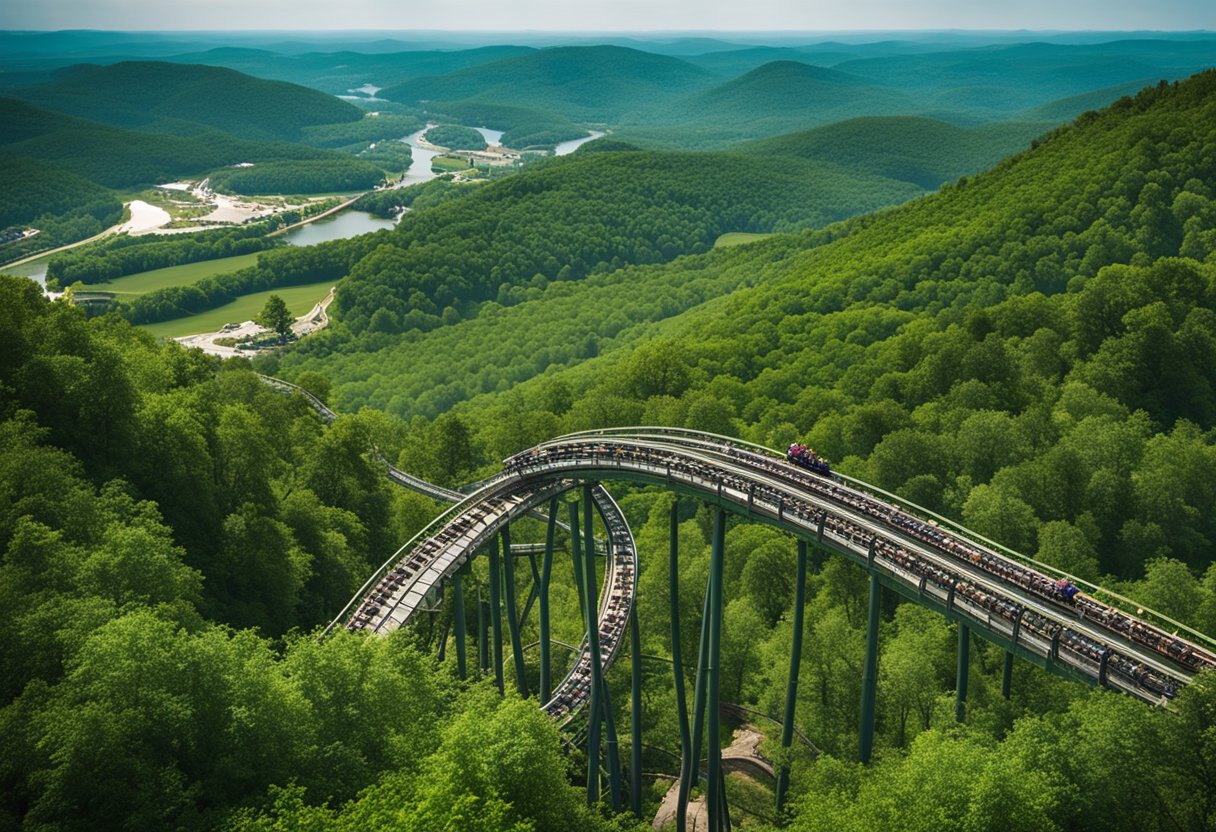 A thrilling mountain roller coaster winds through the lush green hills of Branson, MO, with breathtaking views of the surrounding landscape