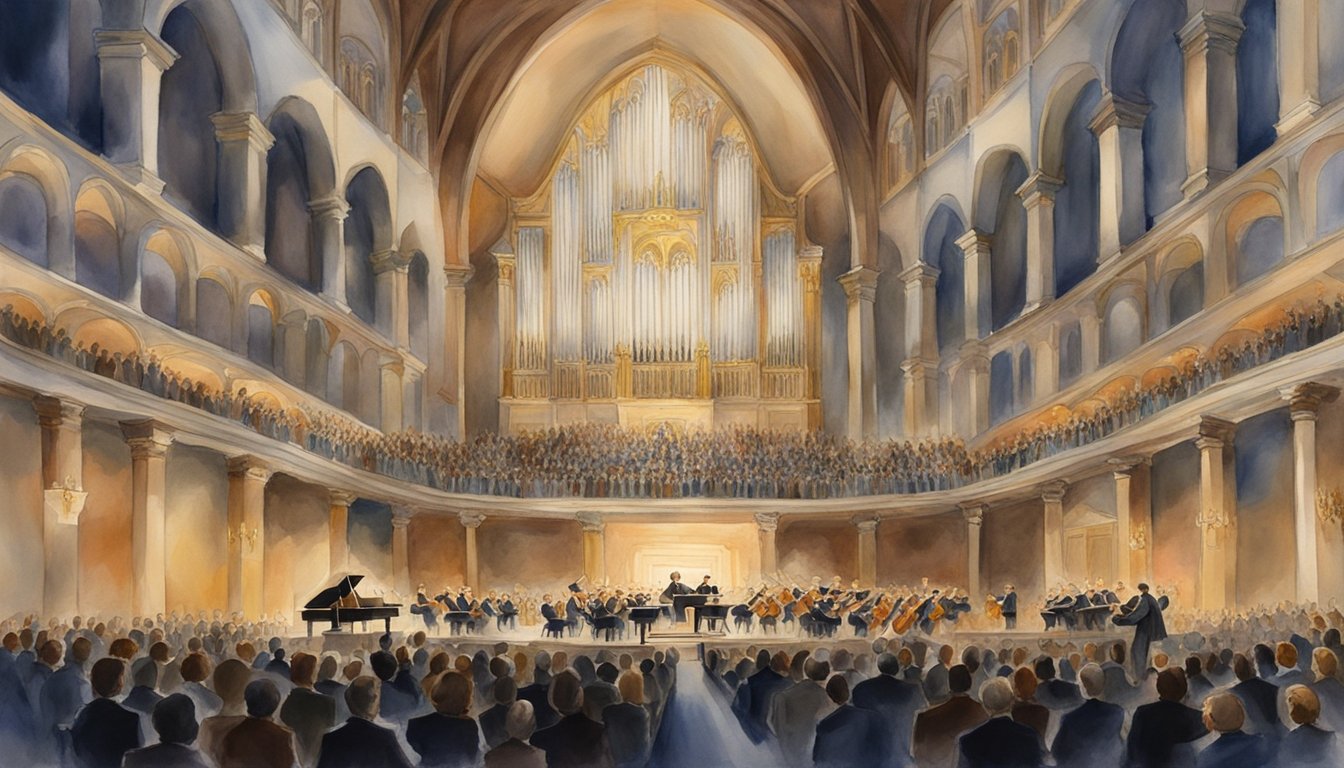 The scene depicts a grand hall filled with an orchestra and choir performing Handel's Messiah.</p><p>A spotlight shines on the conductor, capturing the energy and passion of the musical masterpiece