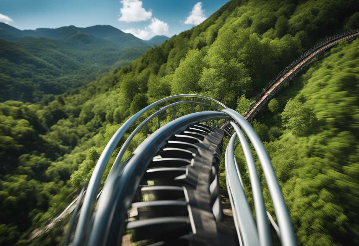 A roller coaster zooms down a mountain, twisting and turning with exhilarating speed and excitement. The surrounding landscape is filled with lush greenery and stunning views