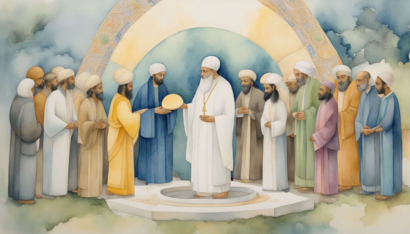 A group of religious and ideological figures gather around a symbolic object, representing their shared beliefs and teachings