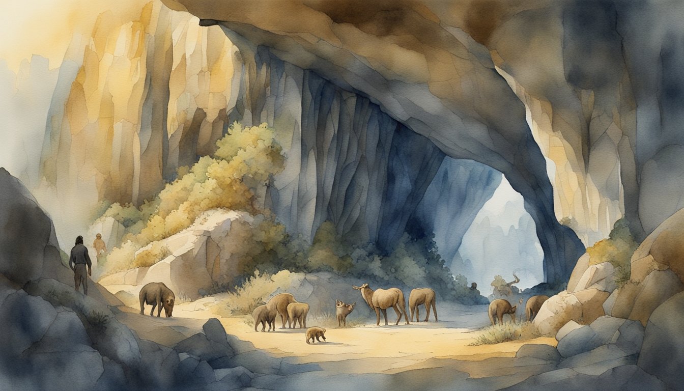 A dimly lit cave with rough stone walls, depicting ancient humans using natural pigments to create intricate and detailed paintings of animals and hunting scenes