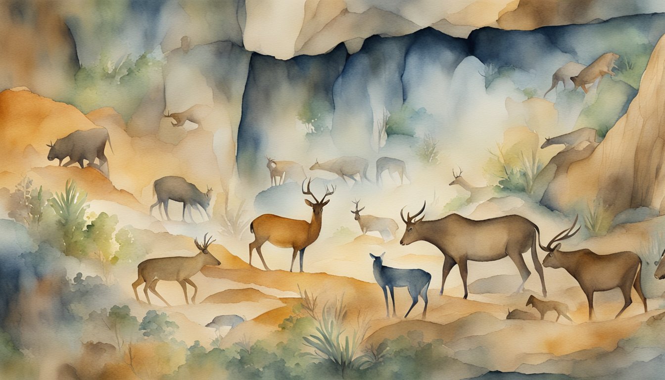 Vivid cave paintings depict animals, hunters, and symbols on ancient cave walls