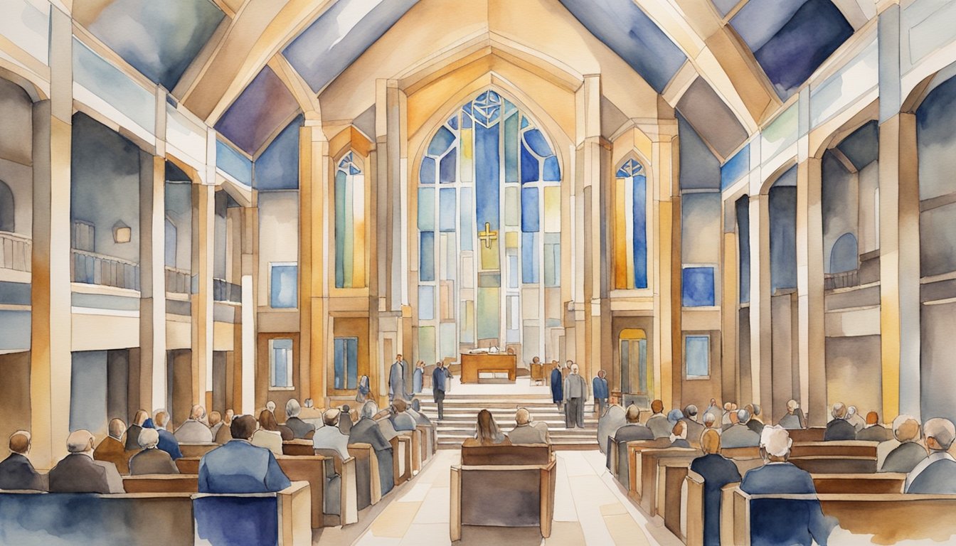 Different Jewish denominations gather in a modern synagogue, representing diversity and unity.</p><p>The space is filled with symbols of tradition and innovation