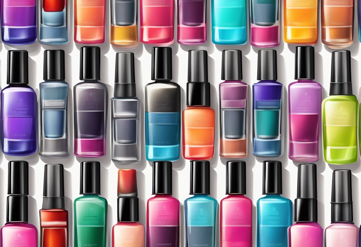 A colorful array of nail polish bottles with labels suggesting various nail colors