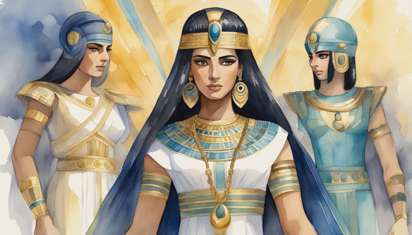 Cleopatra stands surrounded by powerful allies, her eyes sparkling with charm and intelligence as she negotiates alliances and romances