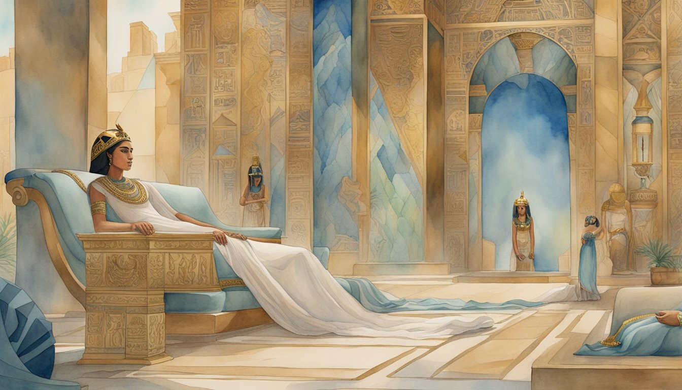 Cleopatra's final moments, surrounded by opulent Egyptian decor and symbols of her power and influence