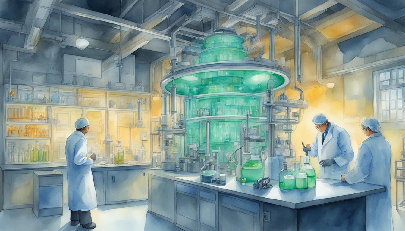 A laboratory setting with scientific equipment, a glowing reactor, and scientists discussing the future implications of cold fusion