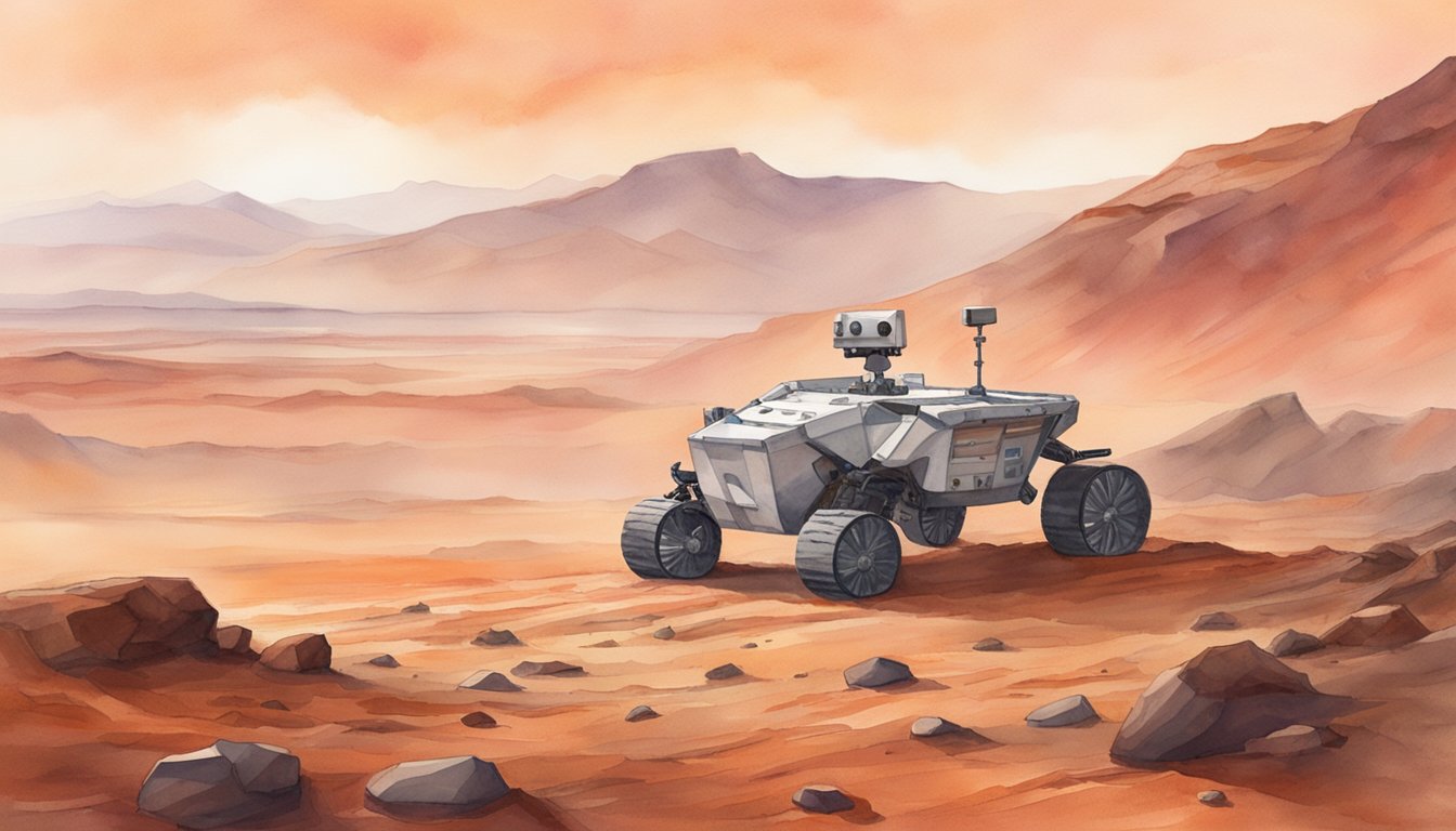 The barren red landscape of Mars stretches out, with rocky terrain and a dust-filled atmosphere.</p><p>A lone rover explores the surface, with a backdrop of towering mountains and a hazy sky