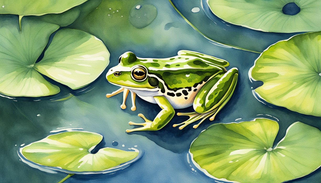 A frog hops from lily pad to lily pad, its skin glistening in the sunlight.</p><p>Nearby, insects buzz around, providing a potential meal for the amphibian.</p><p>The frog's large, round eyes scan the surroundings, alert for any signs