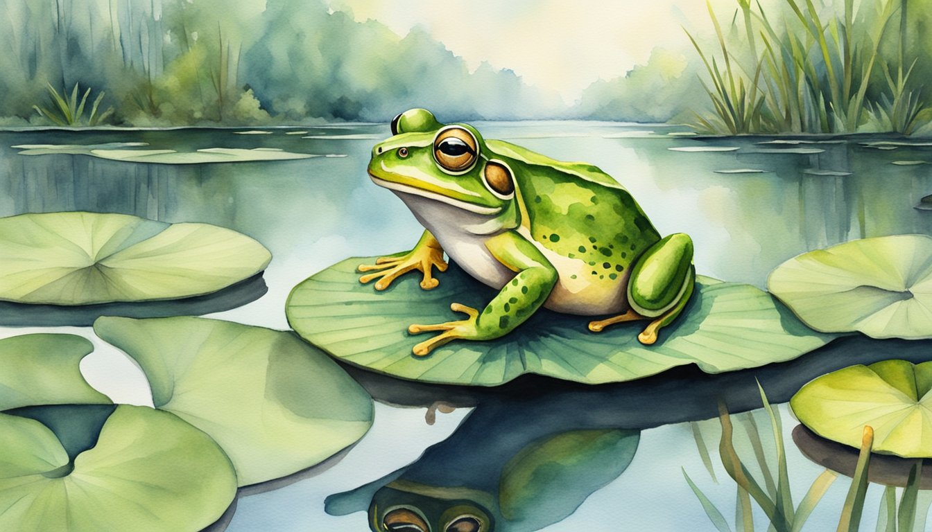 A frog sits on a lily pad surrounded by pollution and deforestation.</p><p>Its natural habitat is threatened by human activity