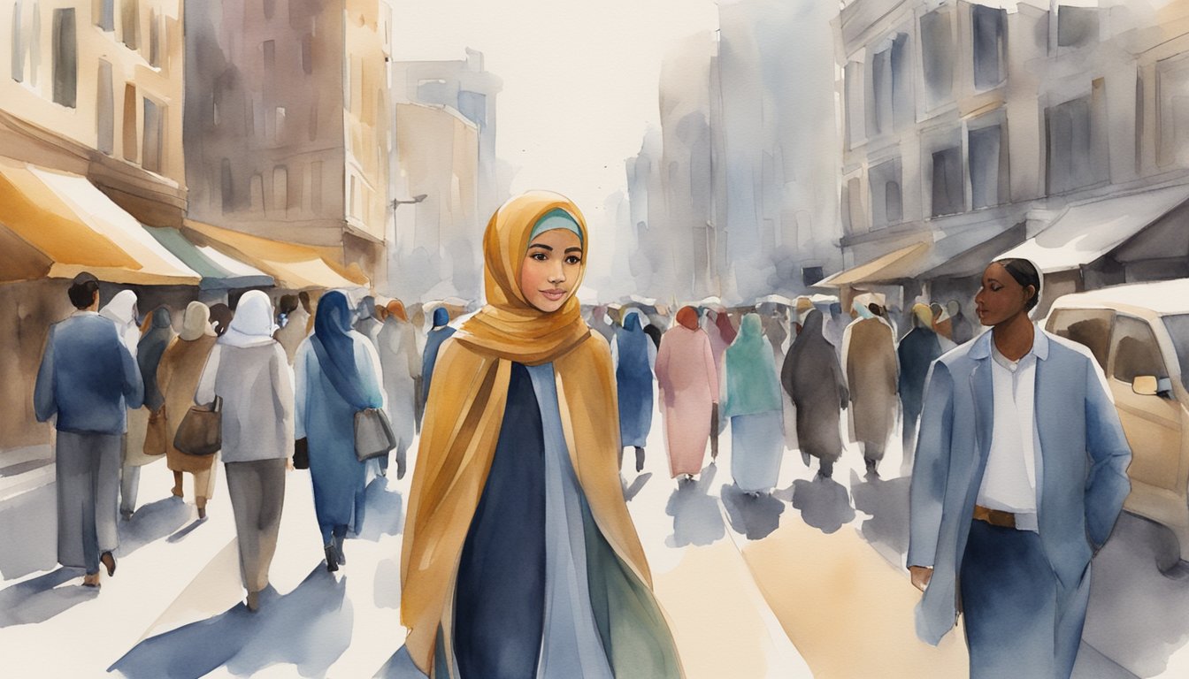 A woman in a hijab walks confidently through a bustling city street, surrounded by diverse individuals of different backgrounds and cultures