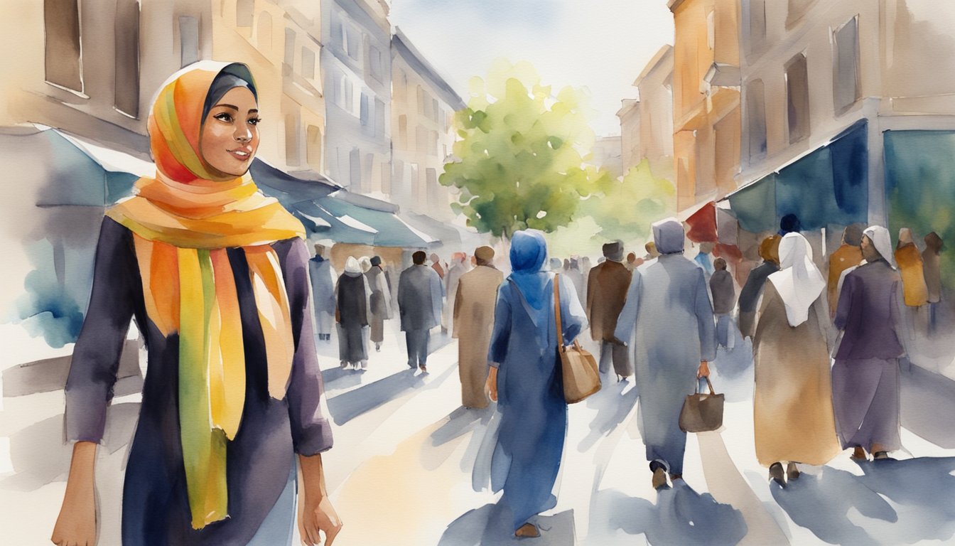 A woman in a hijab walks confidently down a bustling city street, her colorful scarf flowing in the wind, as curious onlookers admire her grace and elegance