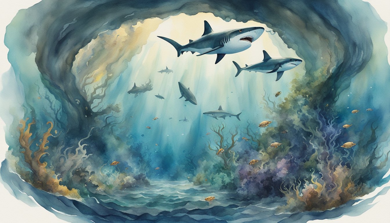 Fierce sharks circle a dark abyss, while a giant octopus lurks in the shadows, ready to strike.</p><p>The ocean floor is littered with mysterious creatures, creating an eerie and menacing atmosphere