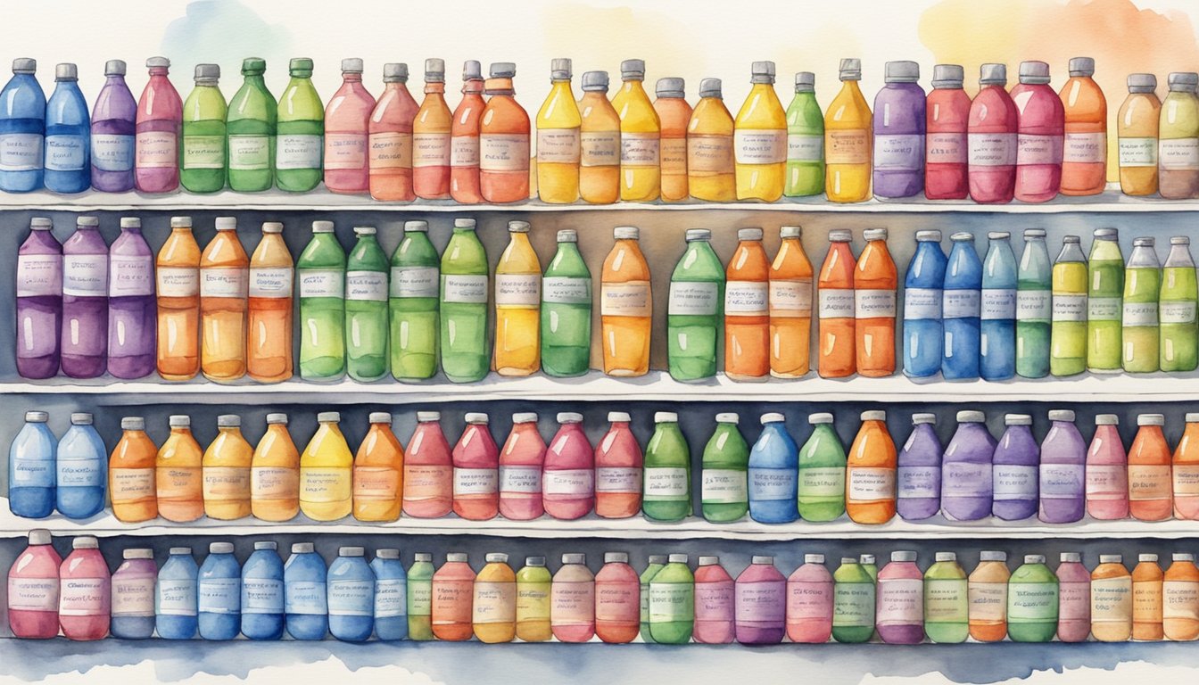 A hand reaches for a row of colorful sports drink bottles on a store shelf, each labeled with different flavors and nutritional benefits