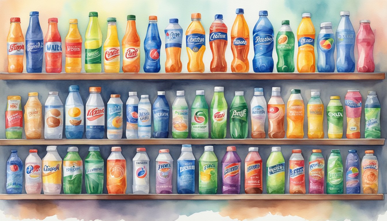 A display of popular sports drink brands and alternative options arranged on a brightly lit shelf