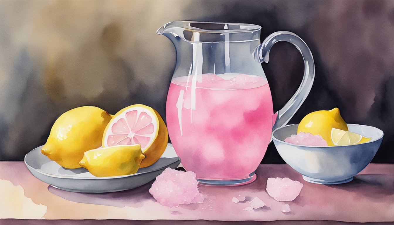 A pitcher pours pink liquid into a glass, surrounded by lemons and a bowl of sugar