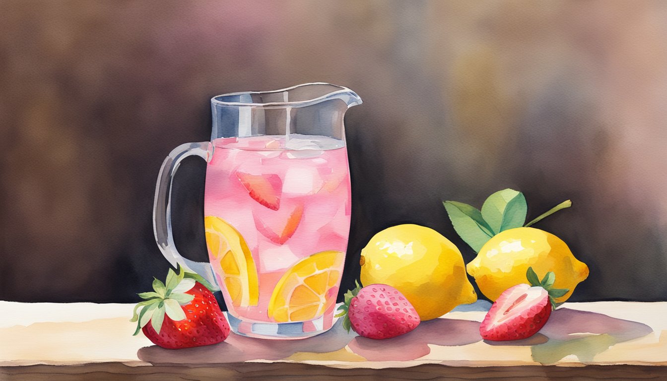 A glass of pink lemonade sits on a wooden table, surrounded by fresh lemons and vibrant pink strawberries.</p><p>A pitcher of the refreshing drink is nearby, with slices of lemon and strawberries floating inside