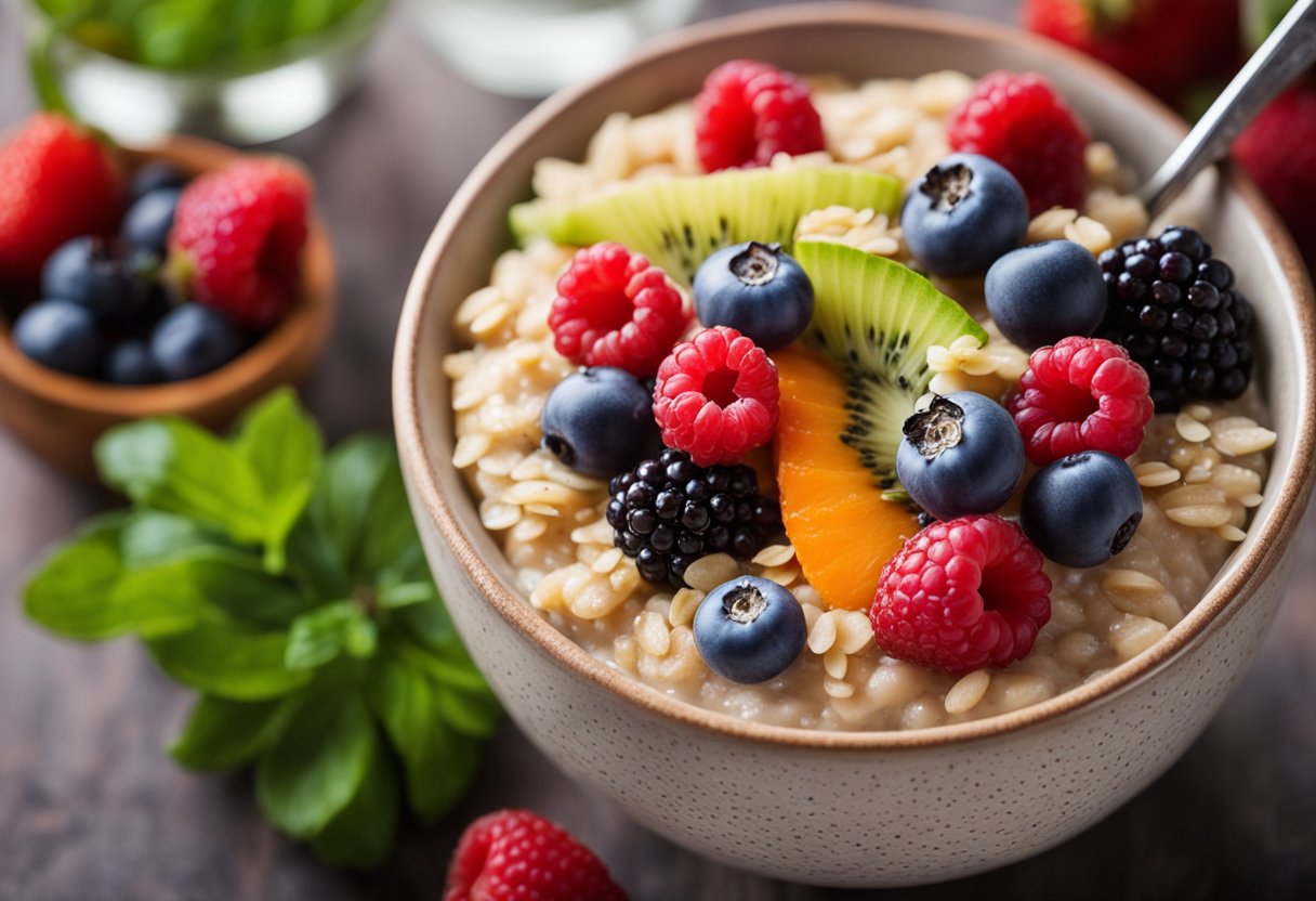 Fiber That Makes You Feel Full: A bowl of oatmeal with chia seeds and berries, surrounded by a variety of fruits and vegetables, with a glass of water on the side