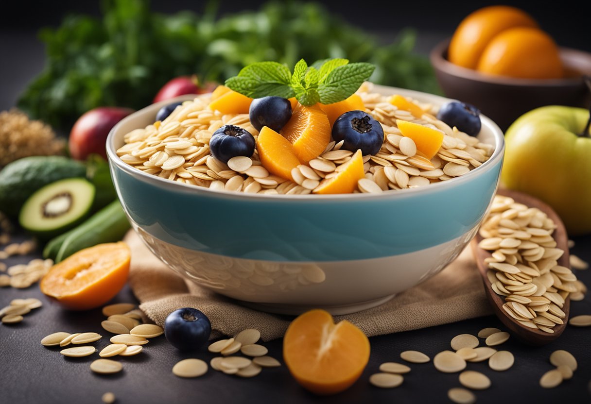 Fiber That Makes You Feel Full: A bowl of fiber-rich foods, like oats, fruits, and vegetables, surrounded by a feeling of satisfaction and fullness