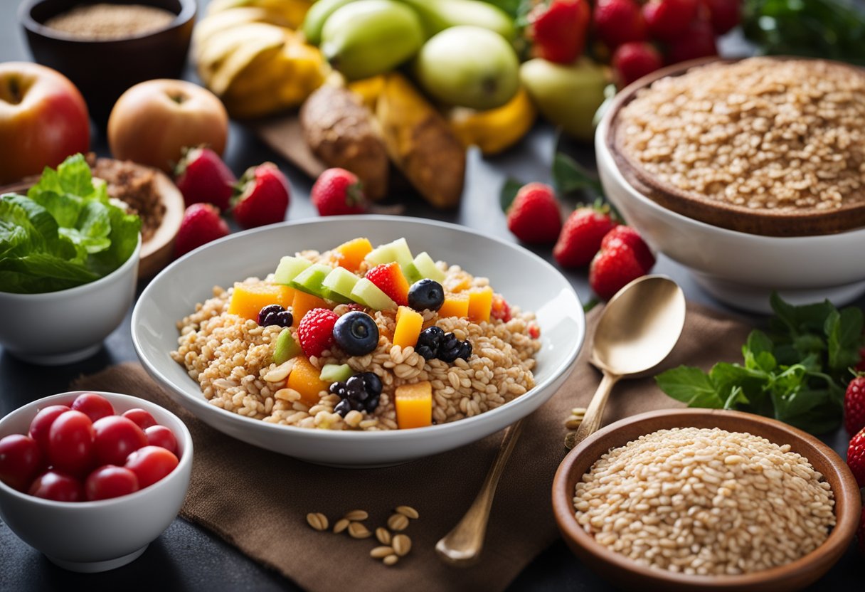 Fiber That Makes You Feel Full: A table filled with colorful fruits, vegetables, whole grains, and legumes. A bowl of oatmeal, a plate of quinoa, and a stack of whole grain bread